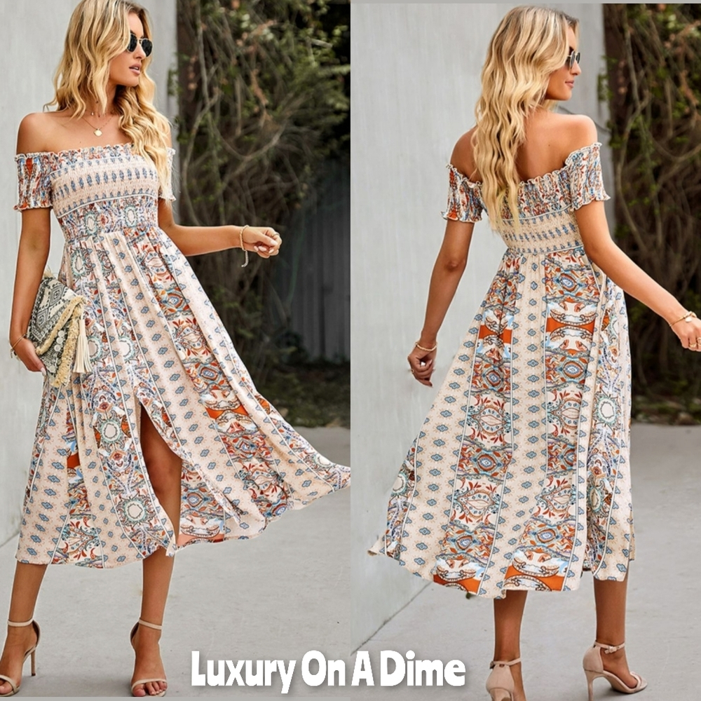 Bohemian Retro 70s Floral Smock Chest Off-Shoulder Midi Summer Dress Apricot - Picture 3 of 8